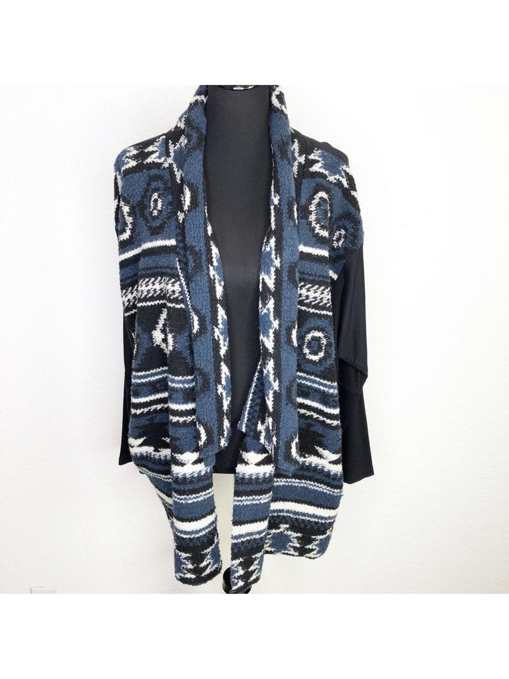 Dolan blue and black southwestern knit open front cardigan jacket size Large